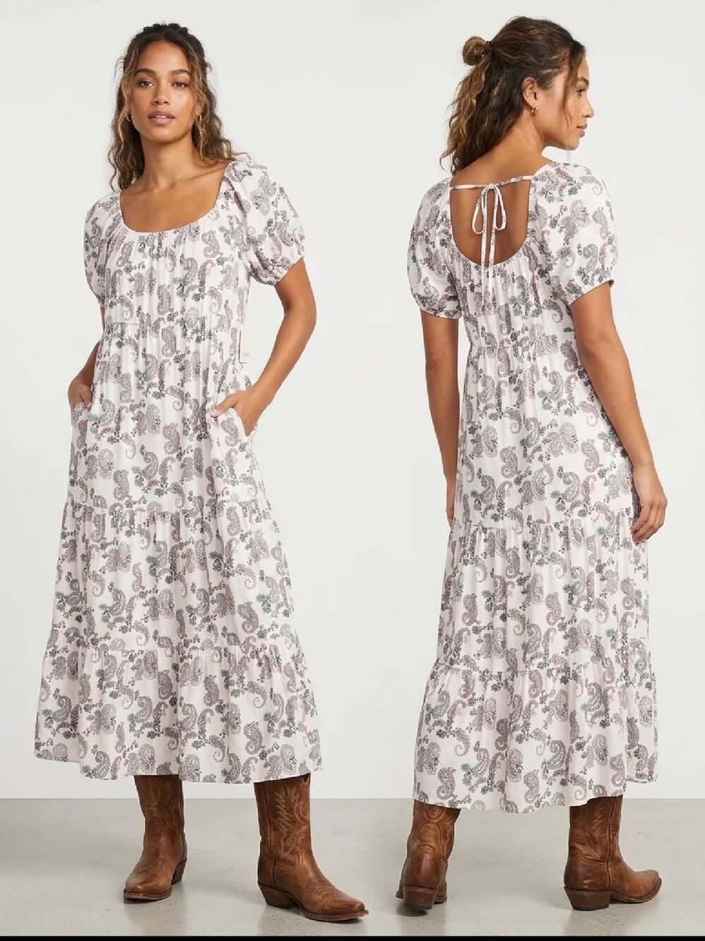 So Peasant Tiered Midi Dress in White Paisley